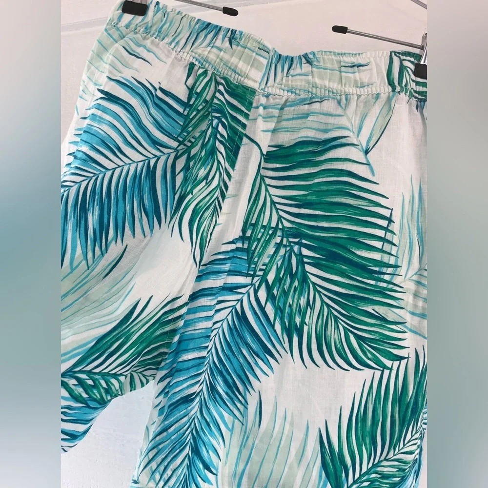 Tahari Womens 100% Linen Tropical Leaf Print Wide Leg Crop Pants Boho Beach S